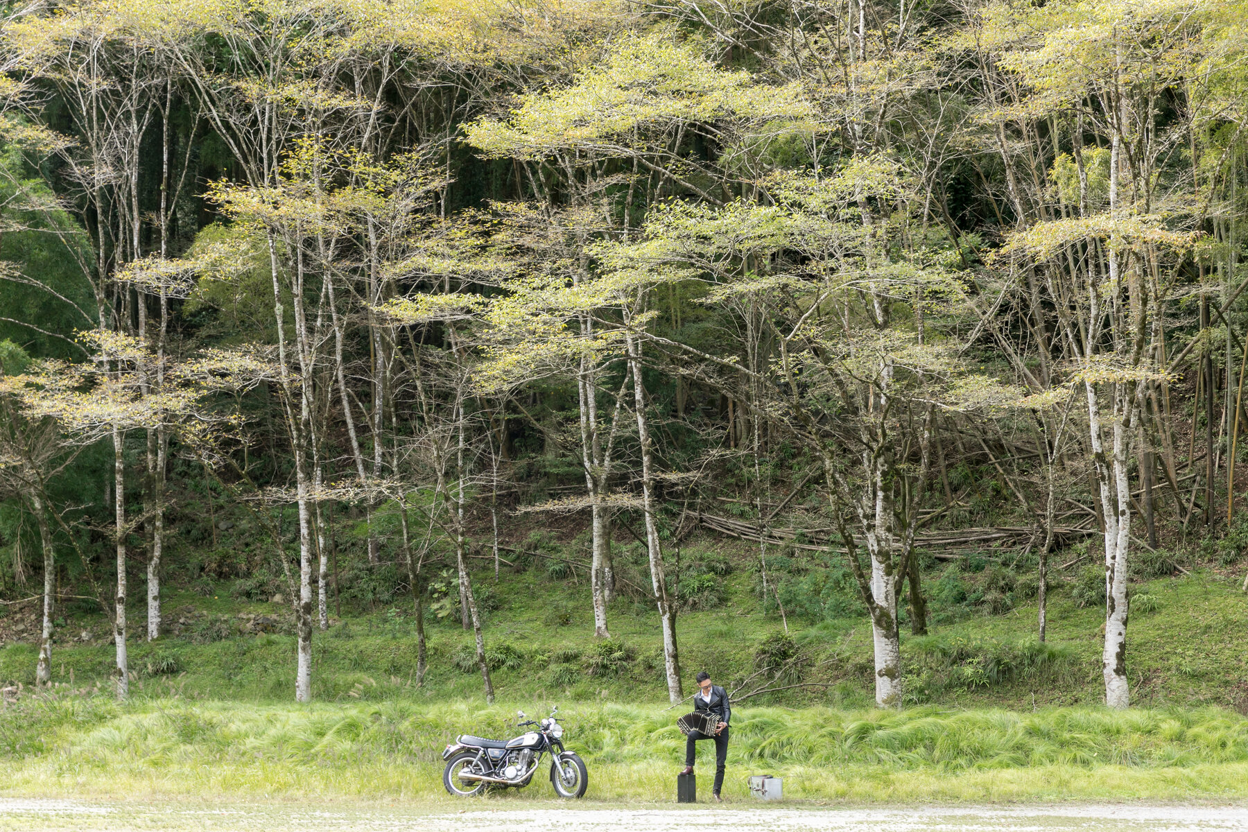 木立に囲まれた草原でバイクとともにバンドネオンを弾く早川純の遠景